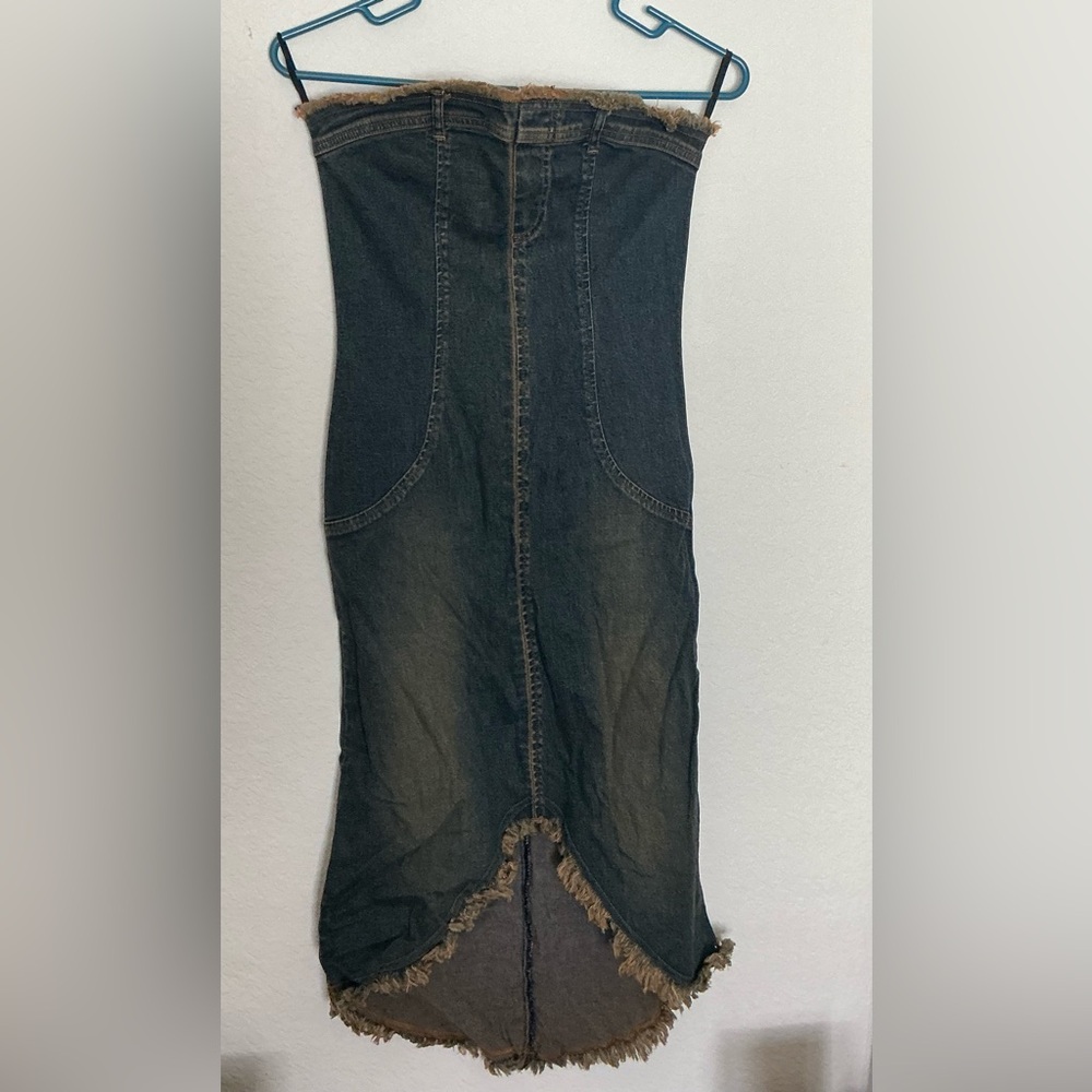 Aphrodite Blue Denim Strapless Dress with Frayed Edges